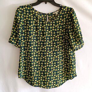 Lily White Navy Blue & Yellow Ditsy Floral Print S/S Poly Chiffon Blouse Shirt M